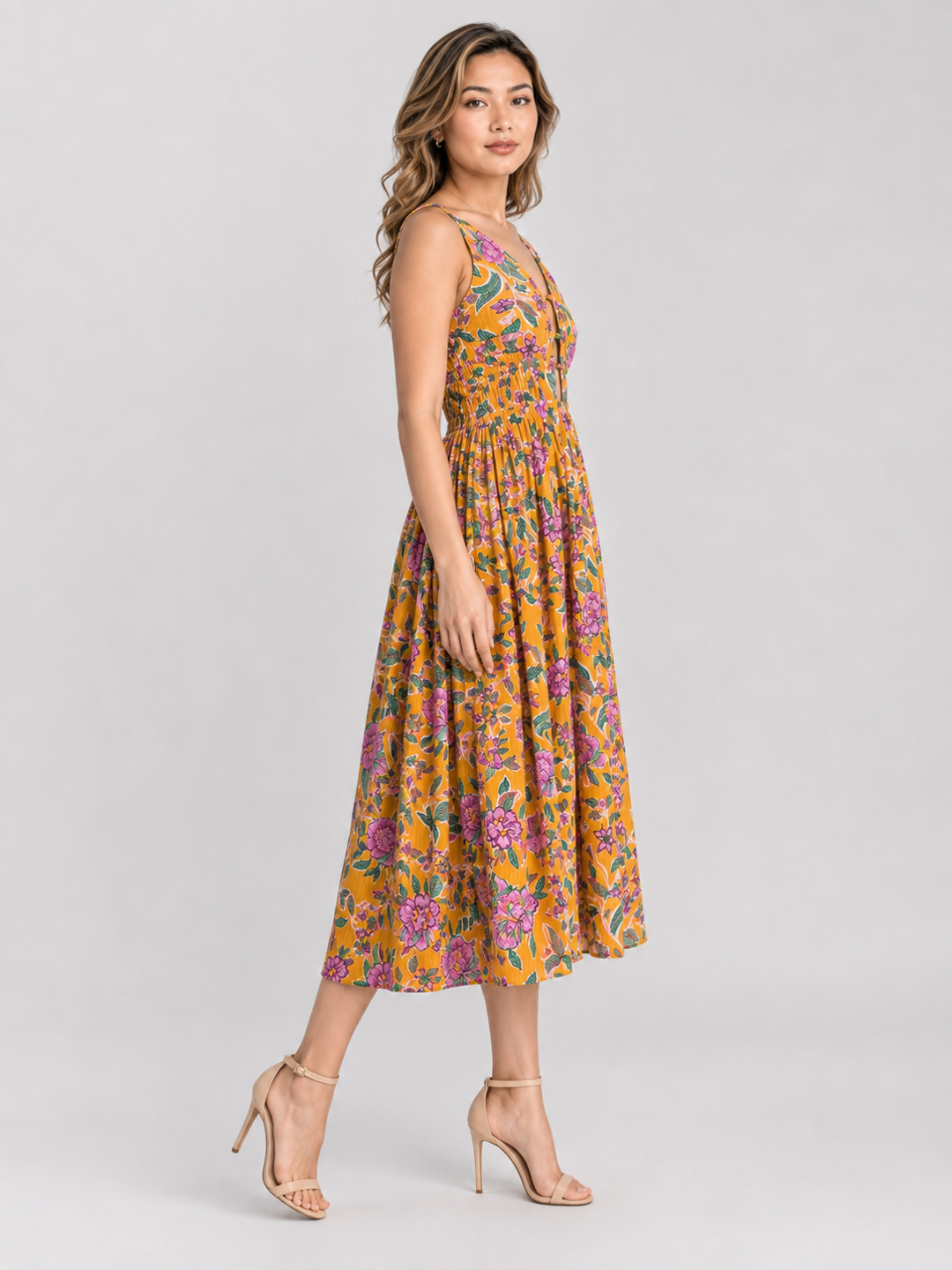 Women Yellow & Pink Floral Print Shoulder Strap Midi Dress 2