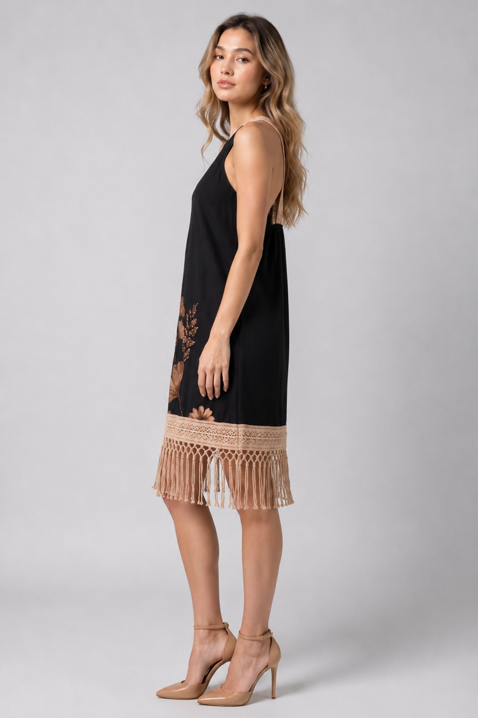 Women Black Floral Embellished Silk Shift Dress with Fringed Hem 4