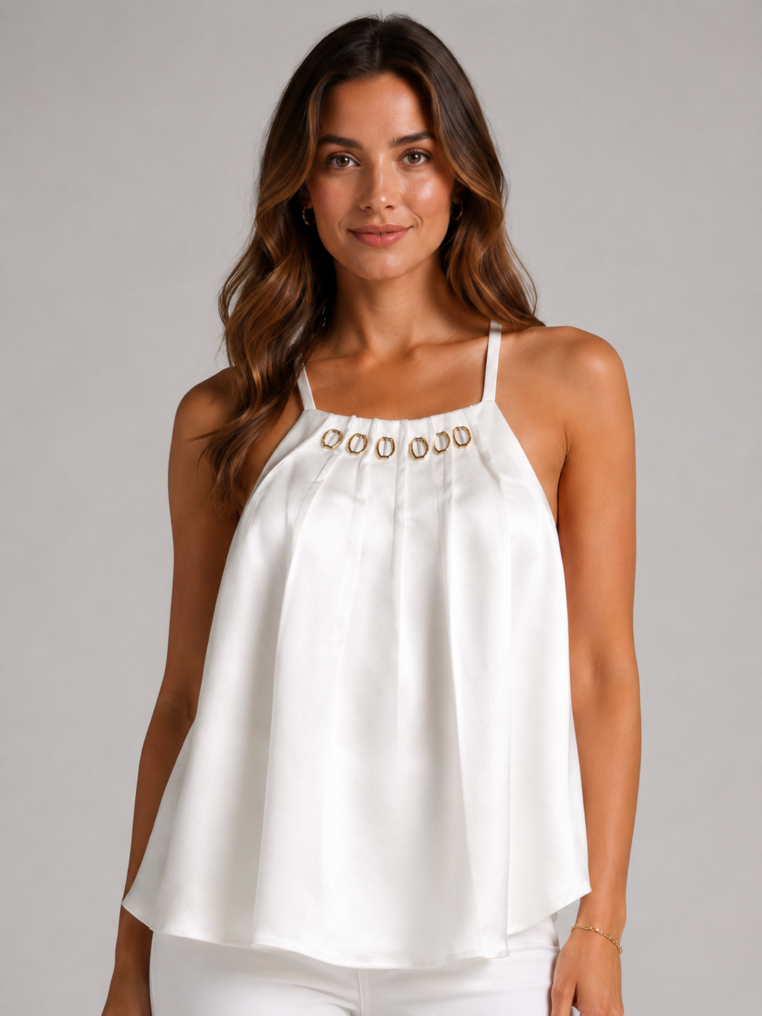 Women White Satin Embellished Pleated Cami Top