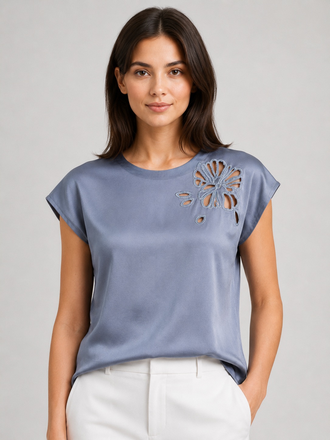 Women White Satin Round Neck Embellished Top