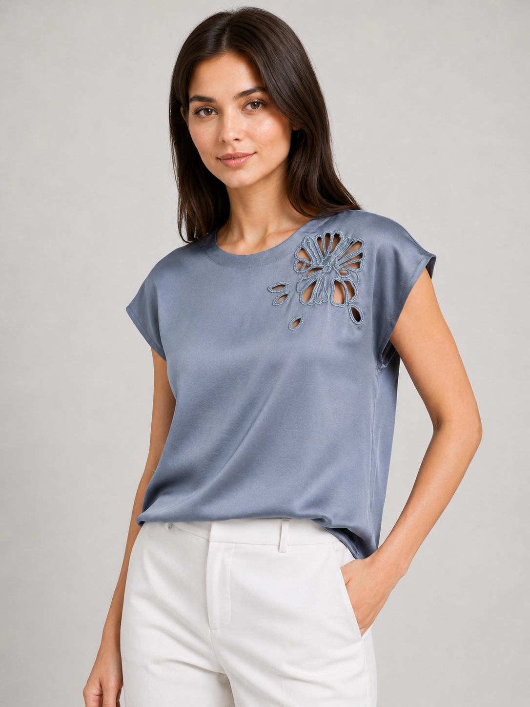 Women White Satin Round Neck Embellished Top 2