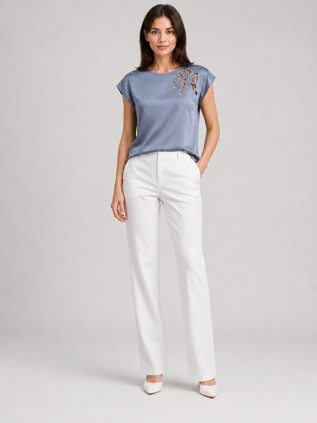 Women White Satin Round Neck Embellished Top 4