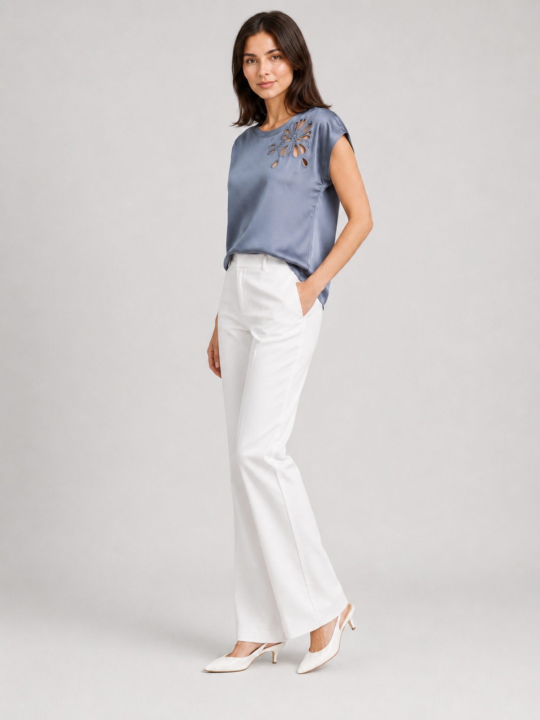 Women White Satin Round Neck Embellished Top 5