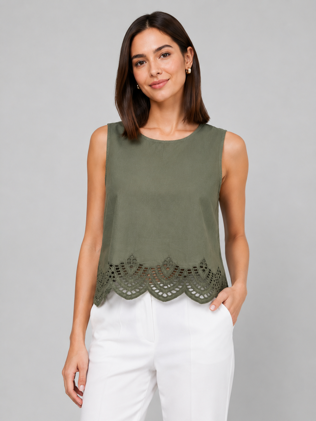 Women Olive Cotton Round Neck Embroidered Top