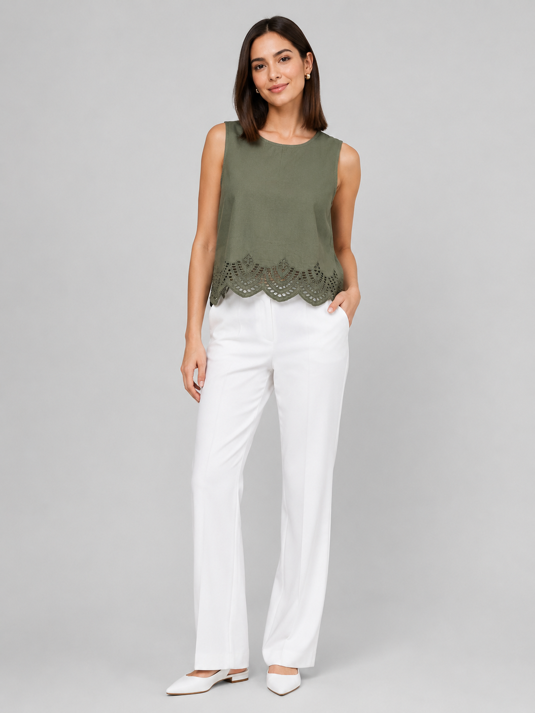 Women Olive Cotton Round Neck Embroidered Top 4