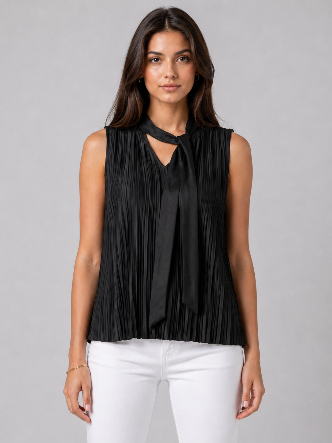 Women Pleated Tie-Neck Top