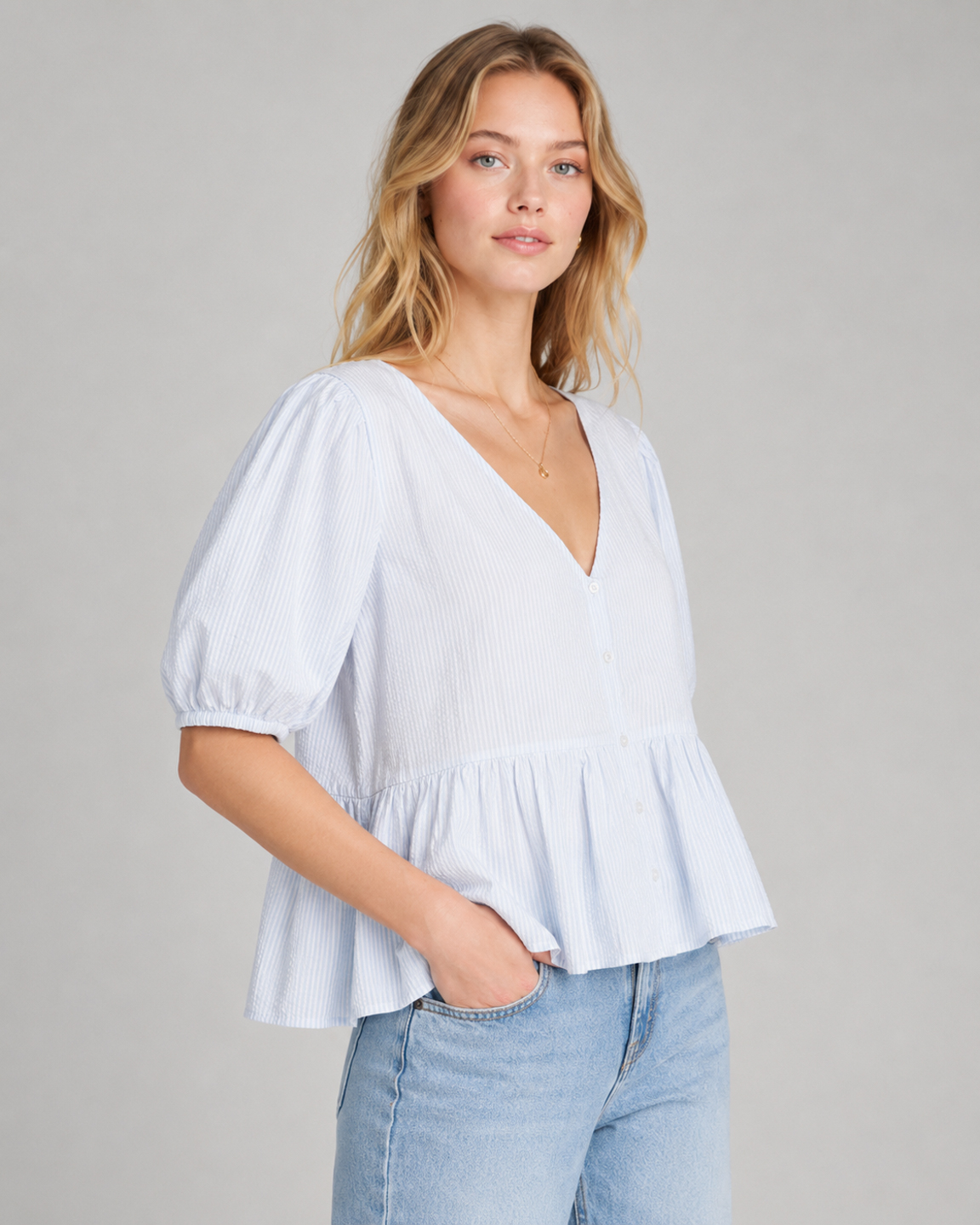Women Blue Pure Cotton Striped Peplum Top 3