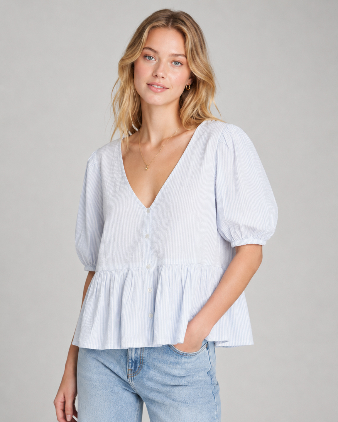 Women Blue Pure Cotton Striped Peplum Top 4