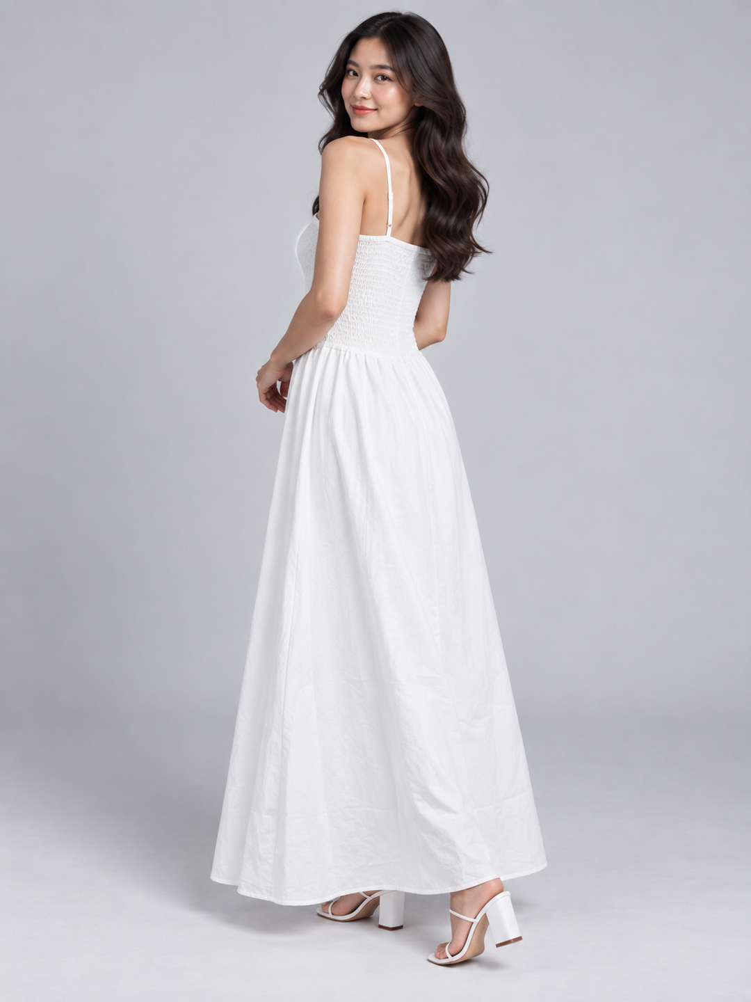 Women White Smocked Bodice Strappy Fit & Flare Maxi Dress 2