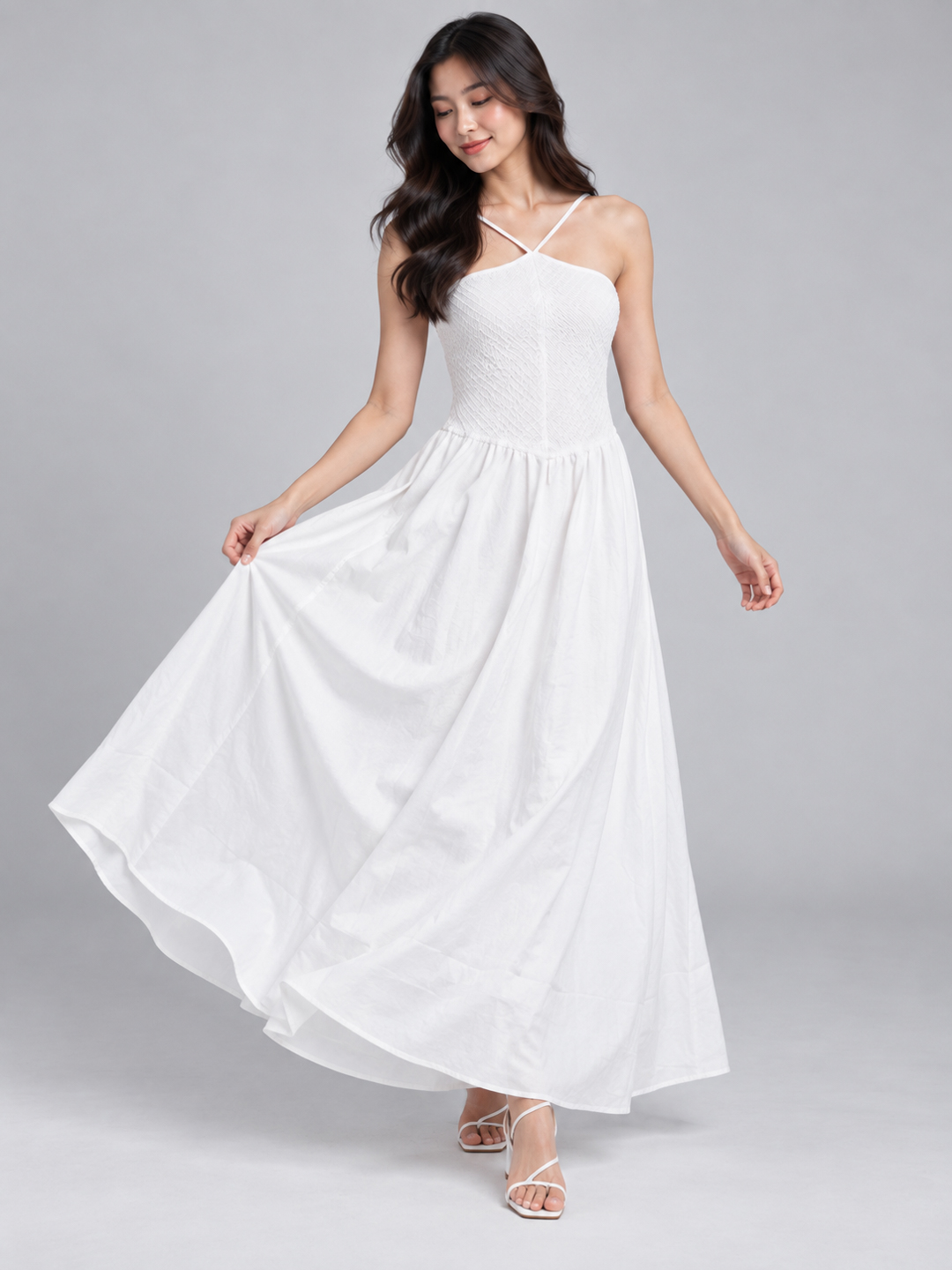 Women White Smocked Bodice Strappy Fit & Flare Maxi Dress