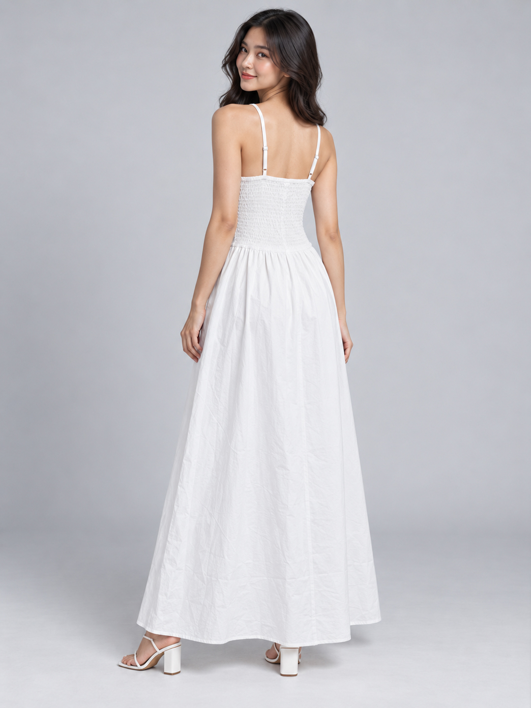 Women White Smocked Bodice Strappy Fit & Flare Maxi Dress 4