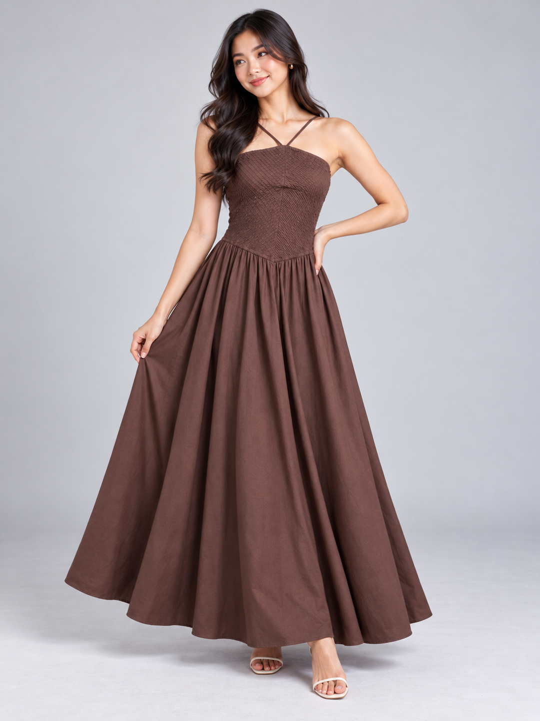 Women Brown Cotton Smocked Bodice Strappy Fit & Flare Maxi Dress