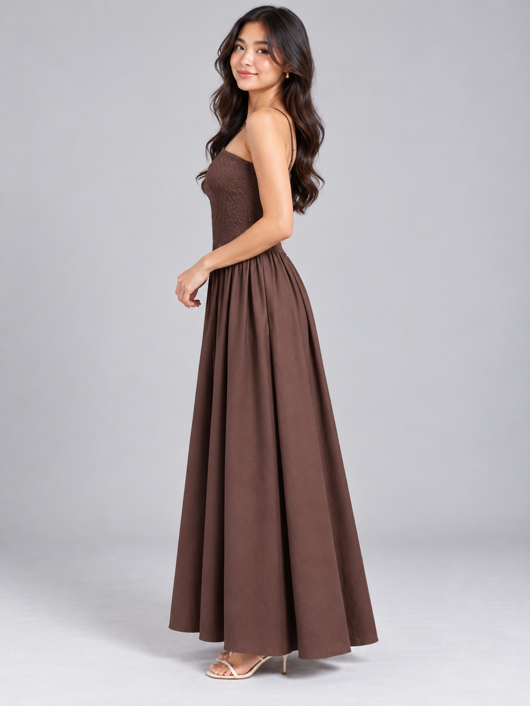 Women Brown Cotton Smocked Bodice Strappy Fit & Flare Maxi Dress 3