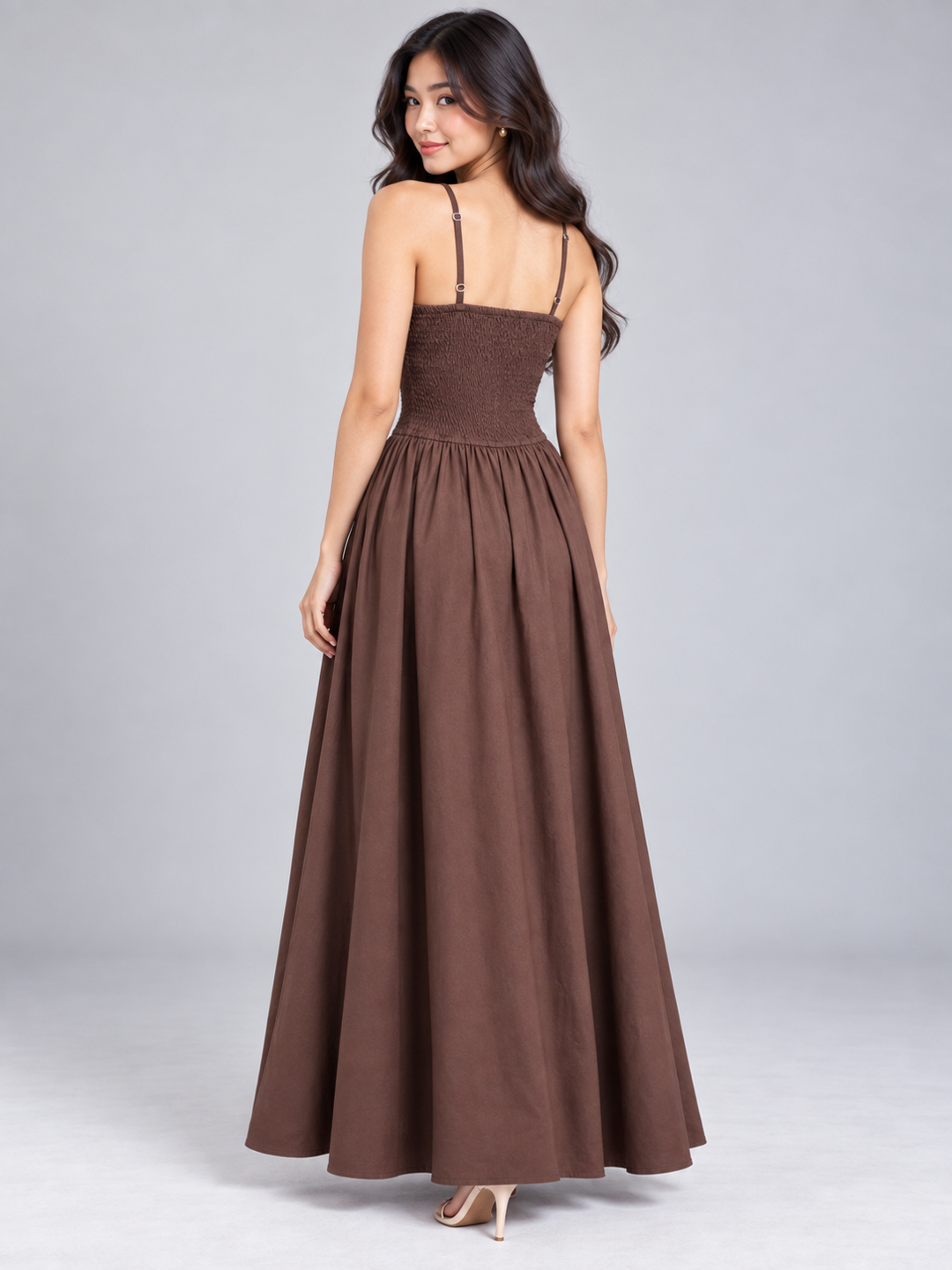 Women Brown Cotton Smocked Bodice Strappy Fit & Flare Maxi Dress 4