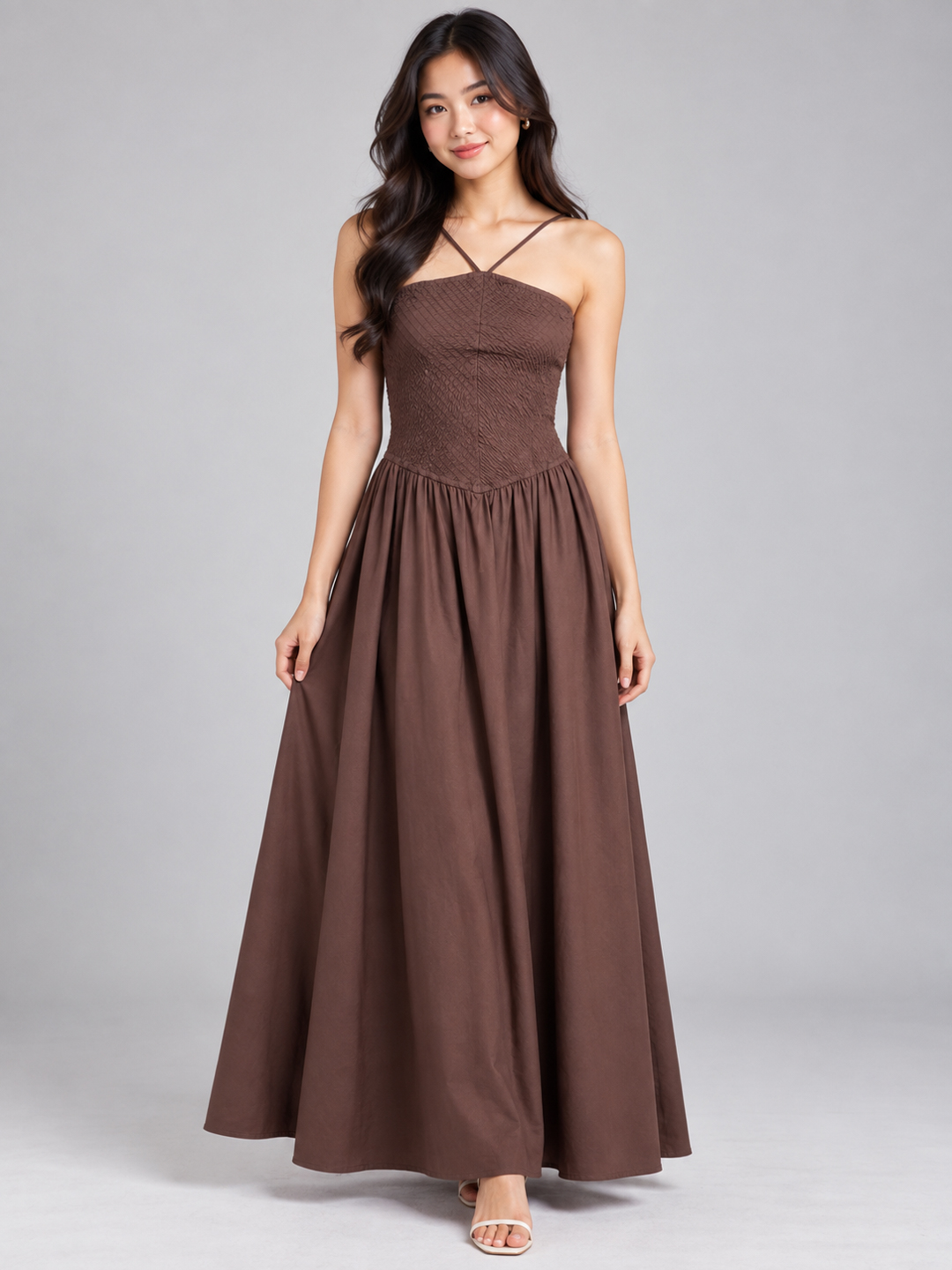 Women Brown Cotton Smocked Bodice Strappy Fit & Flare Maxi Dress 5