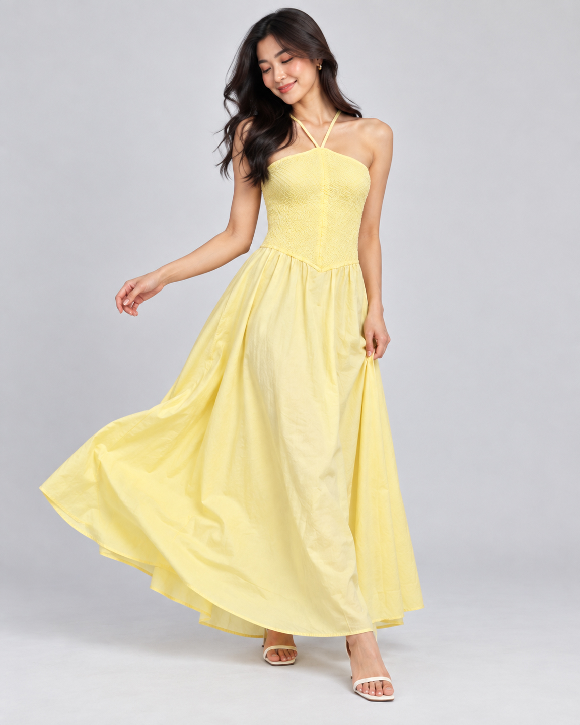 Women Yellow Cotton Smocked Bodice Halter Neck Fit & Flare Maxi Dress