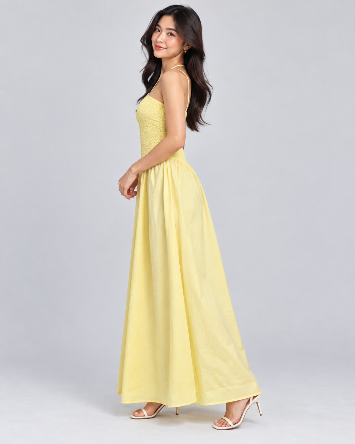Women Yellow Cotton Smocked Bodice Halter Neck Fit & Flare Maxi Dress 3