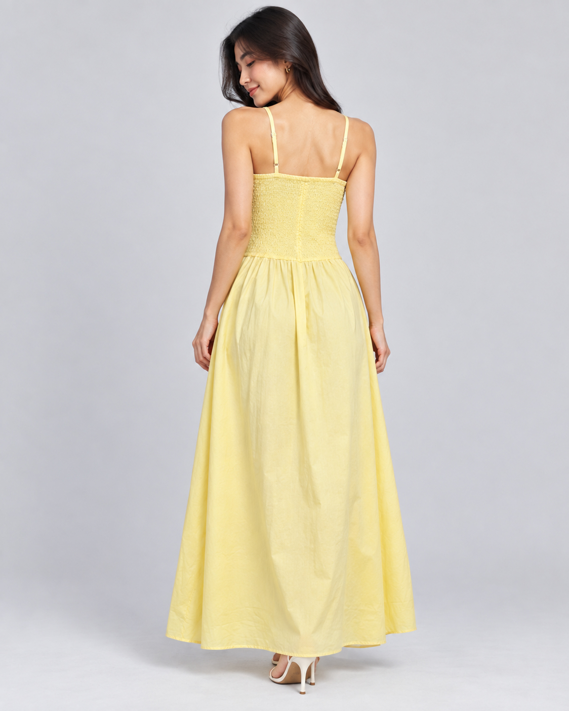 Women Yellow Cotton Smocked Bodice Halter Neck Fit & Flare Maxi Dress 4