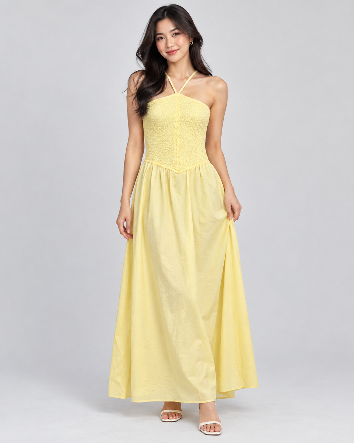 Women Yellow Cotton Smocked Bodice Halter Neck Fit & Flare Maxi Dress 5