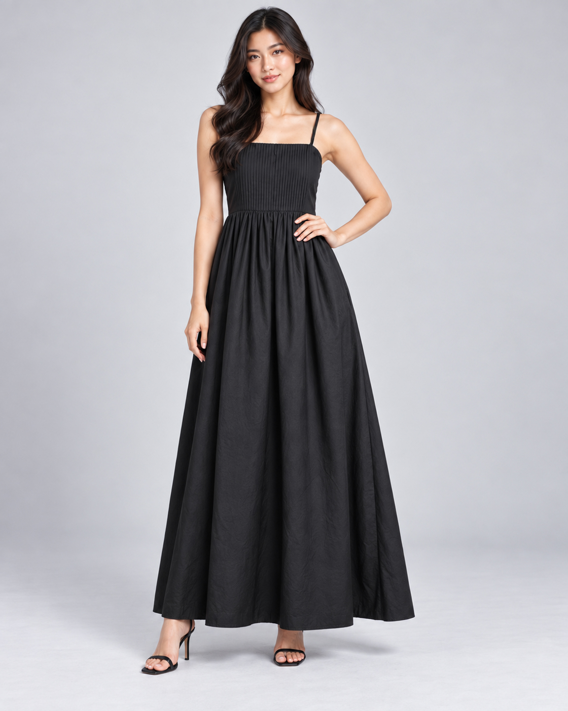 Women Black Cotton Pleated Bodice Strappy Fit & Flare Maxi Dress