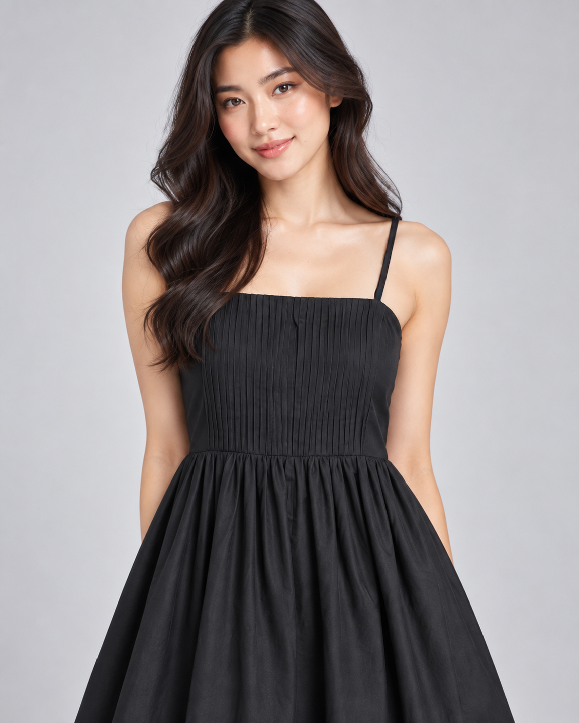 Women Black Cotton Pleated Bodice Strappy Fit & Flare Maxi Dress 2