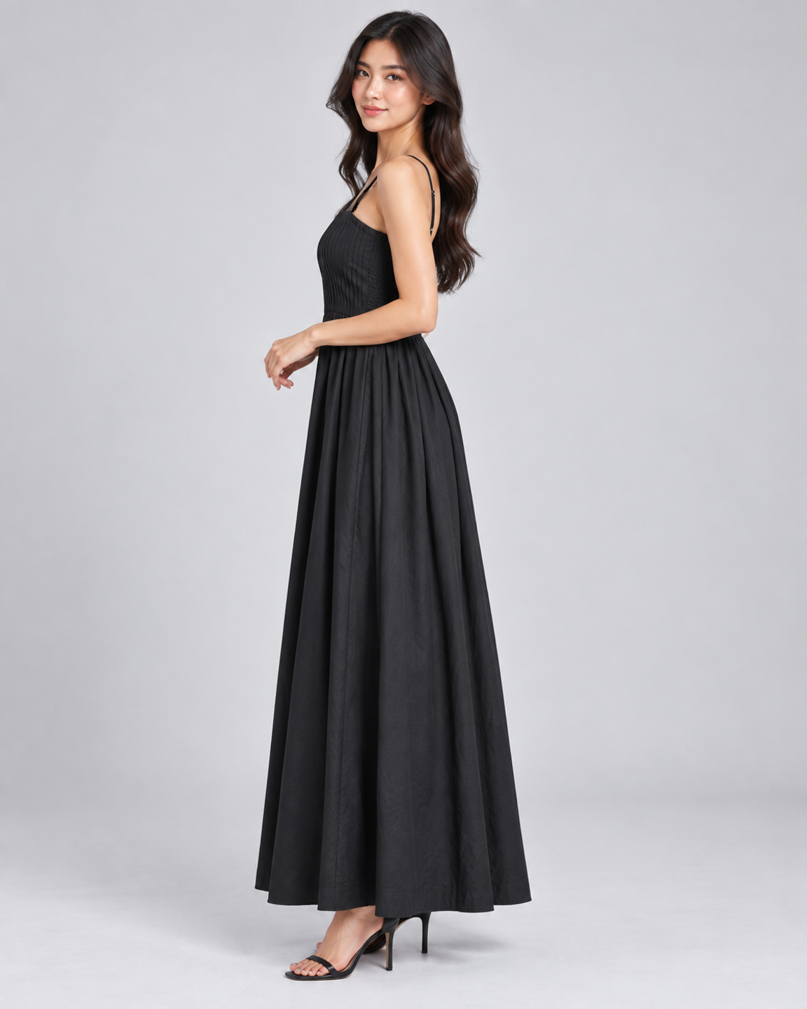 Women Black Cotton Pleated Bodice Strappy Fit & Flare Maxi Dress 3