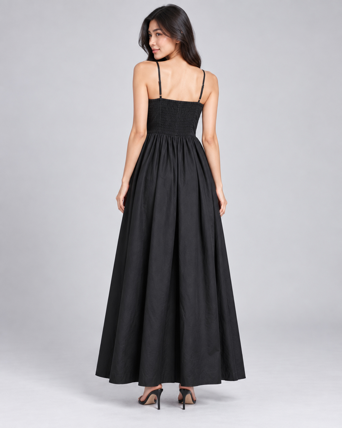 Women Black Cotton Pleated Bodice Strappy Fit & Flare Maxi Dress 4