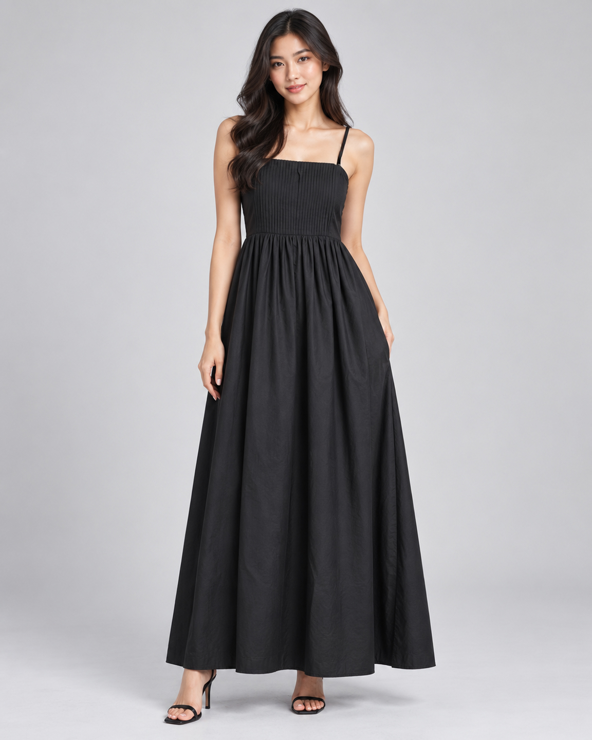 Women Black Cotton Pleated Bodice Strappy Fit & Flare Maxi Dress 5