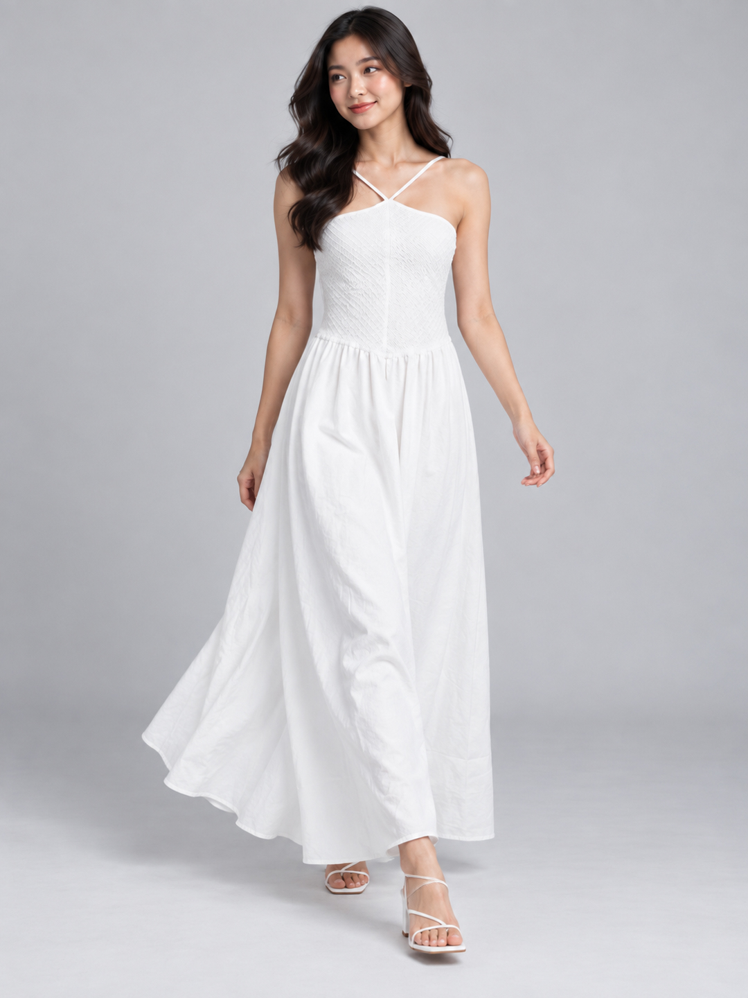 Women White Smocked Bodice Strappy Fit & Flare Maxi Dress